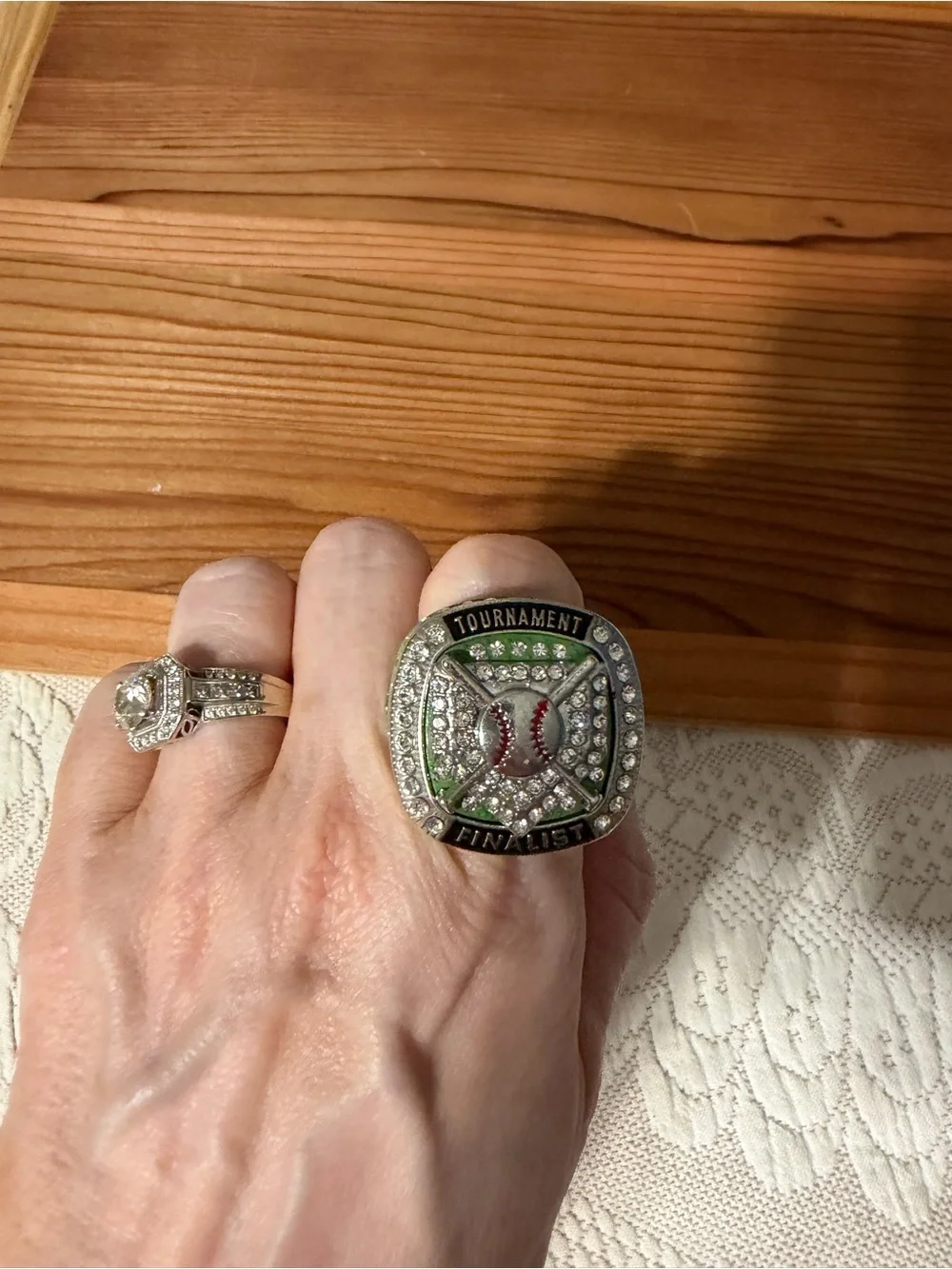 Tournament Finalist Baseball Ring - Silver with Red and Green Accents